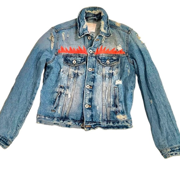 RARE ZARA Denim Jacket White Dog Unique Graffiti Art Painting Graphic Trafaluc M - Picture 2 of 10